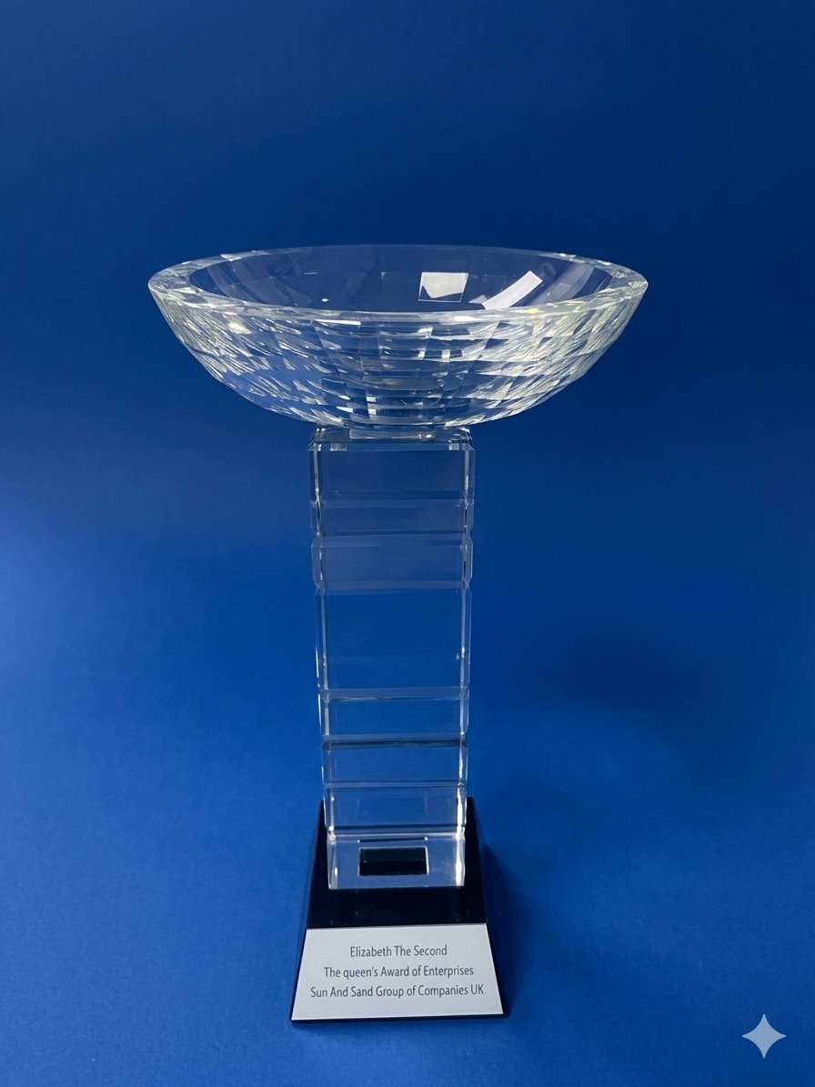 Elizabeth The Second Queen's Award of Enterprises crystal bowl trophy for Sun and Sand Group of Companies UK