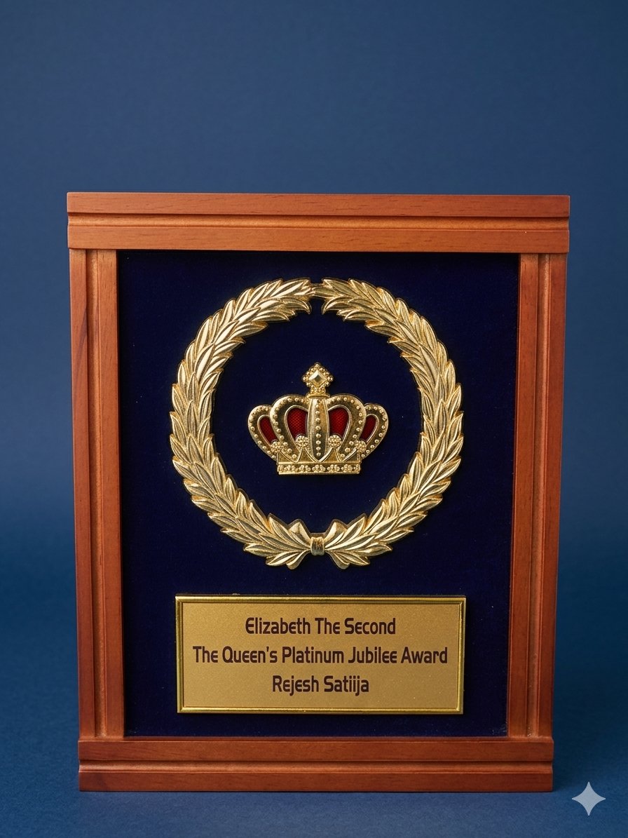 Elizabeth The Second Queen's Platinum Jubilee Award framed plaque for Rejesh Satiija